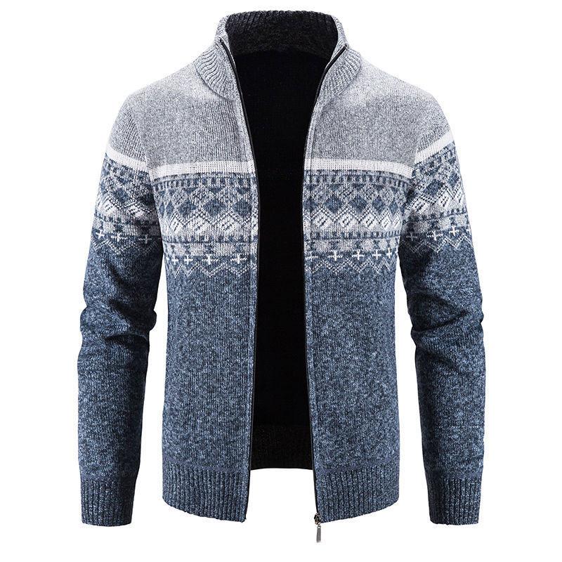 Men's Sweater Stitching Plus Fleece Warm Zipper Sweater Autumn and Winter Coat Loose Cardigan Sweater