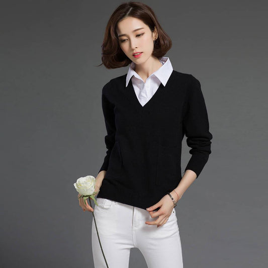 Fake Two-piece Sweater Tops Women's Lapel Pullover Sweater Outer Wear all-mach Loose Short Thick Knitted Sweater OL Style Office Ladies Workwear