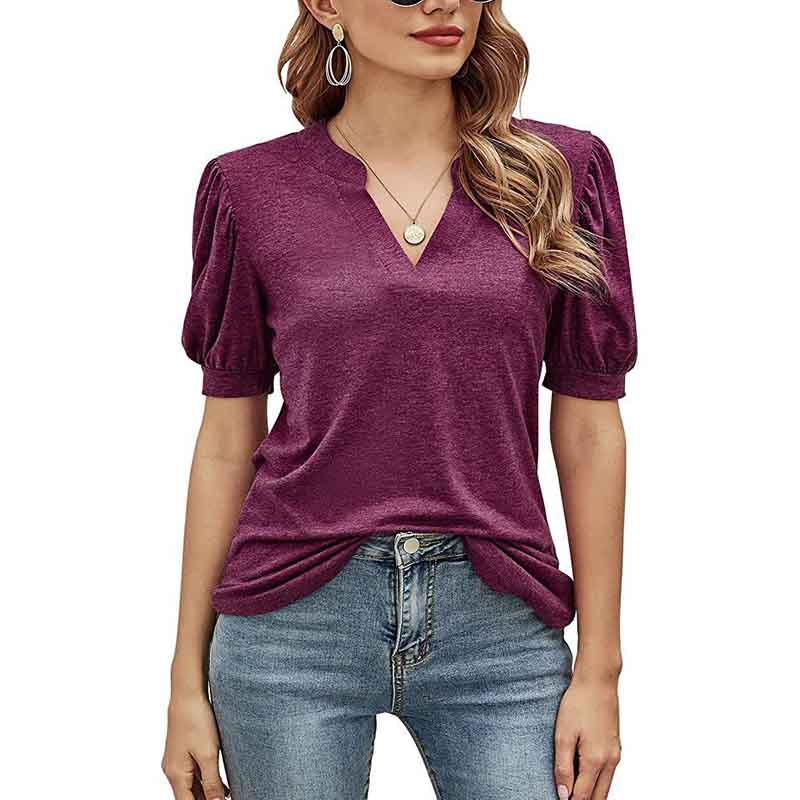 T-shirt Ladies Top Summer Casual V-neck Solid Color Puff Sleeve Loose T-shirt Shirt