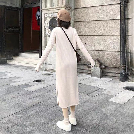 V-neck Sweater Women's Outer Wear Fall and Winter Lazy Style Dress Loose Long Knit Sweater Sweater Skirt Soft Fabric