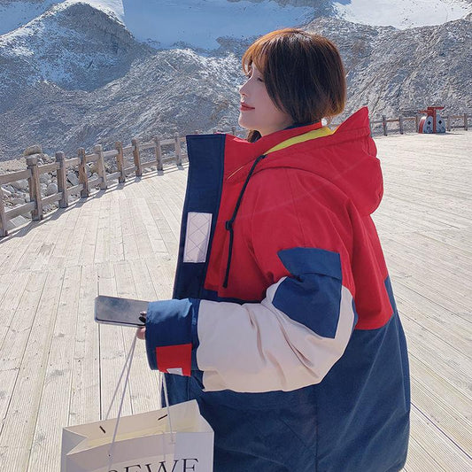Tooling Cotton Jacket Women Winter Loose Quilted Jacket Down Cotton Jacket Hooded Stitching Color Cotton Jacket Loose and Warm