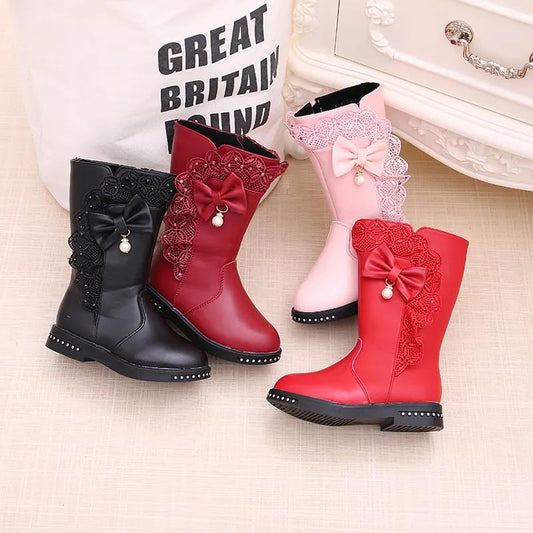 Girls' Boots Autumn Winter Korean Children's Single Boots Big Boys and Little Girls Boots Plus Velvet Princess Boots