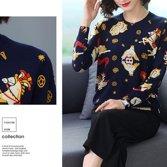 High Quality Woolen Sweater Spring Autumn Loose Knitted Sweater Print Women O-Neck Sweater Female Jumper Tops
