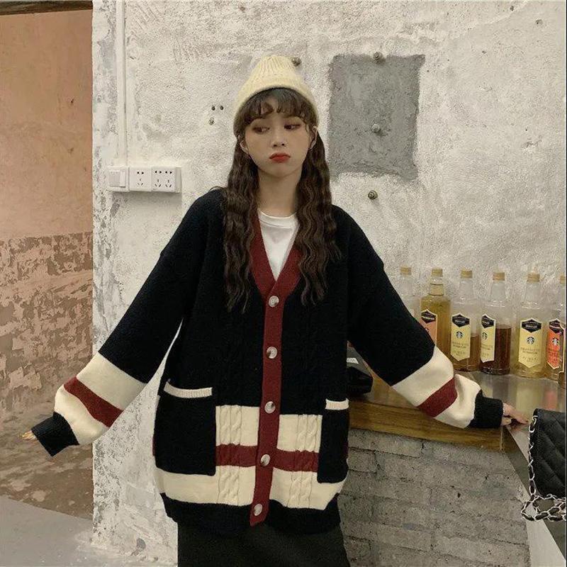Spring Autumn Students Loose Casual Fashion Sweater Women's Jacket Knitted Cardigan V-neck Long Sleeves