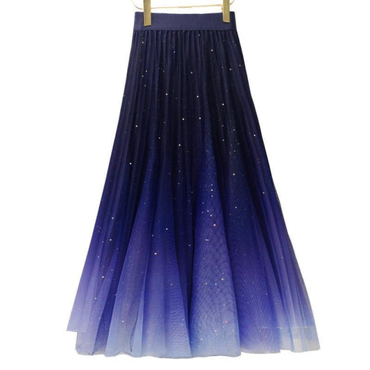 Starry Sky Gradient Color Skirt High Waist Sequined Mid-length Mesh Gauze Large Swing Skirt Women's A-line Skirt Dream Skirt