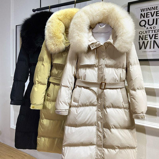 Real Fox Fur Collar Down Jacket Women Winter Thick Warm long Hooded Down Coat