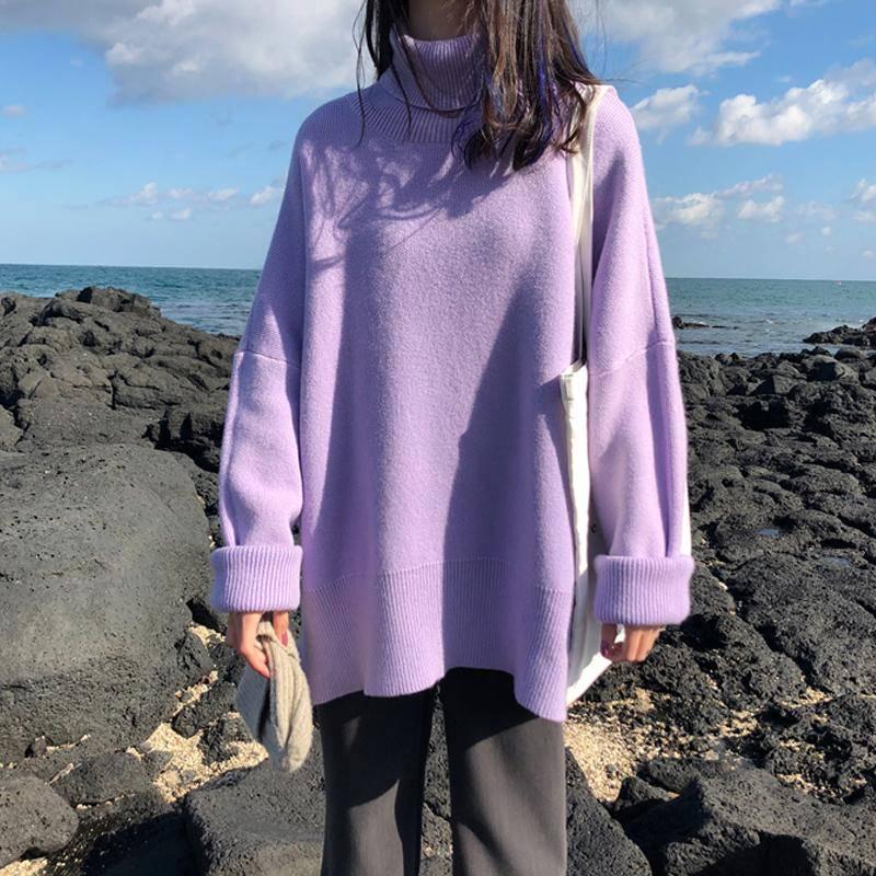 Pofulove Black Turtleneck Women's Loose Winter Pullover Bottoming Shirt Autumn Thick Wearing