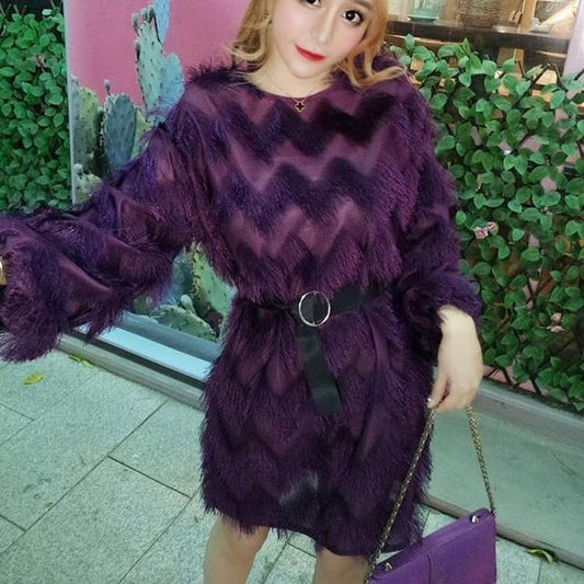 Autumn and Winter Lantern Sleeve Tunic Sweater Fringed Round Neck Dress