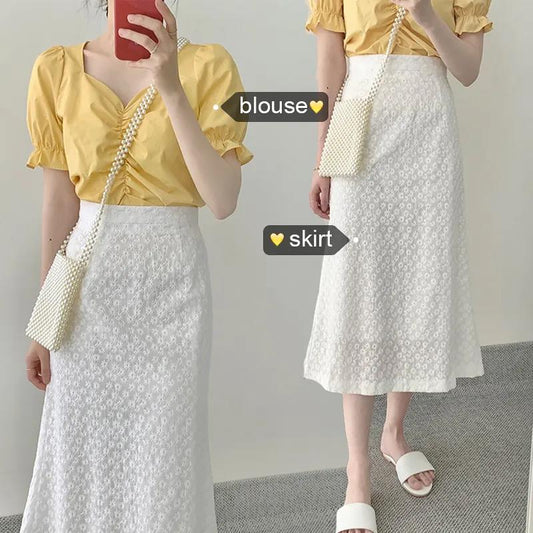 Two-piece Small Fresh Jacket Temperament Sweet Half-length Skirt Suit Female Short-sleeved Shirt + Half-length Skirt Lady Sweet Style Two-piece Suit