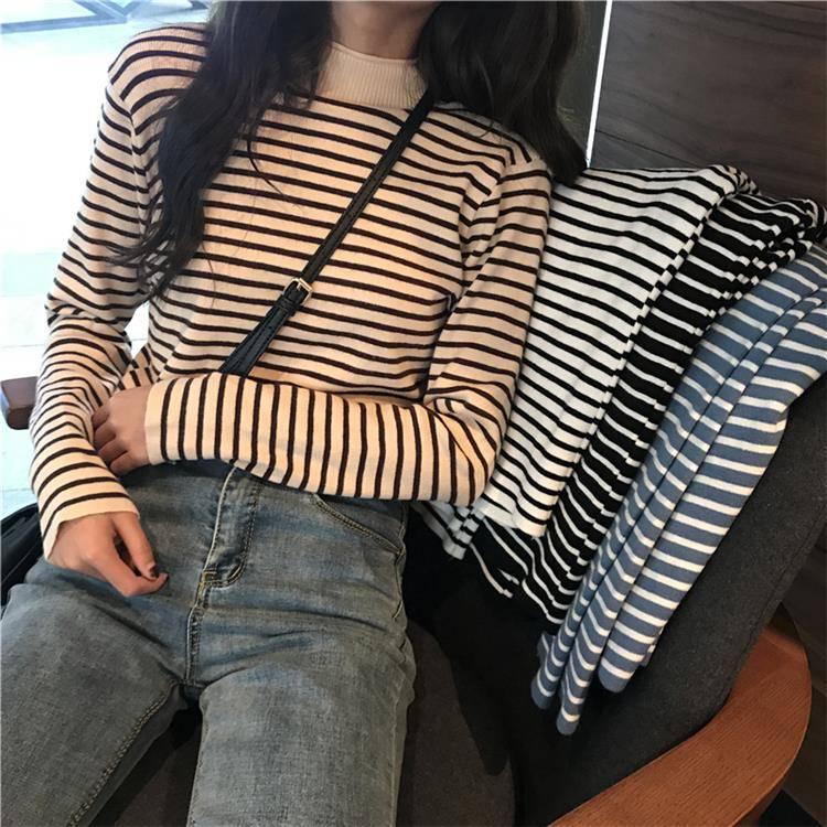 Pofulove Wear Half-high Collar Striped Long-sleeved Knitted Bottoming Shirt Sweater Top Women Winter