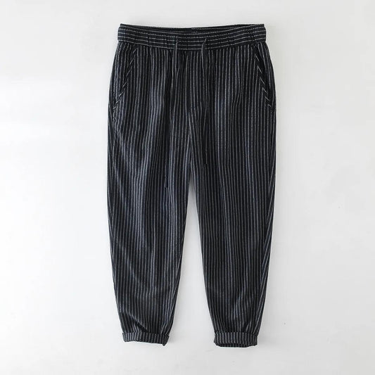 Striped Thin Elastic Waist Straight-leg Casual Cropped Trousers Men's Drawstring Youth Breathable Loose Trousers