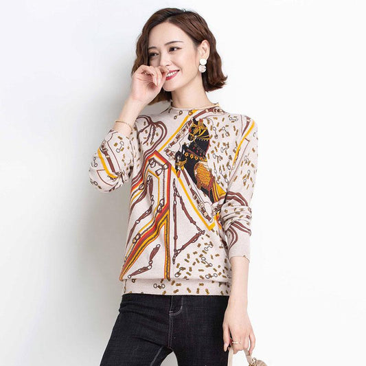 Bohemia Floral Crew Neck Woolen Sweater Women Long Sleeve Warm Printed Cashmere Sweater Knitted Jumper Tops