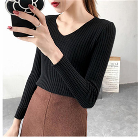 Autumn Winter V-neck Bottoming Shirt Sweater Women's Slim Was Thin Wild Pullover Sweater