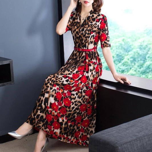 Dress Women's Knee Long Short-sleeved Female Leopard Print Skirt Temperament