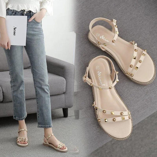 Women's Flat Sandals Summer Rivet Roman Sandals All Match Casual Temperament Sandal Non-slip Comfortable Lightweight Beach Shoes