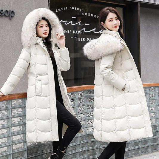 Winter Ladies Down Padded Jacket Mid-length Fur Collar Hooded Down Padded Jacket Slim Hooded Padded Warm Parka Coat