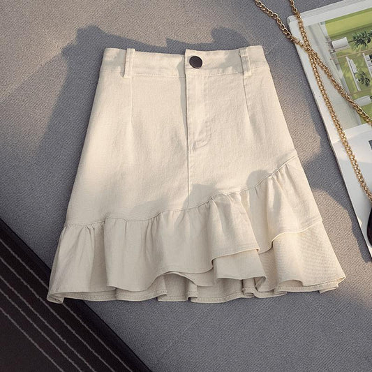 Denim Bag Hip Short Skirt Women's Fashion All-match Lotus Leaf High Waist Slim A-line Skirt