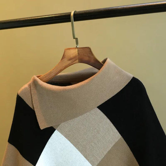 Loose Cloak-type Mid-length Cloak Plaid Pullover Loose Knit Jacket Ladies Temperament Outer Sweater Simple and Versatile