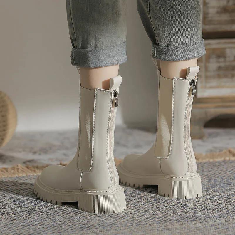 Chelsea Boots Martin Boots Woman Spring and Autumn Boots Thick Black Leather Single Boots Motorcycle Boots