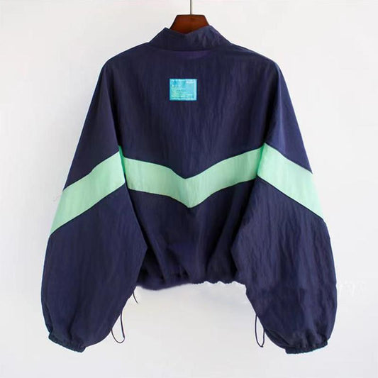 Summer Stitching Contrast Color Drawstring Zipper Cardigan Hooded Thin Sunscreen Jacket Women