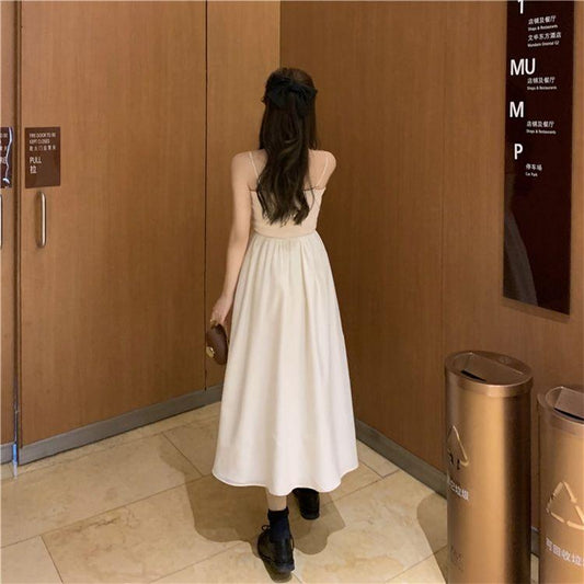 Female Spring and Summer French Elegant Super Xiansen Soft Snow Textile Long V-neck White Suspender Dress