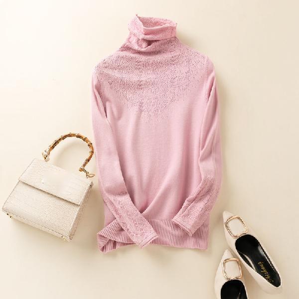 Autumn and Winter Pile Collar Sheep Sweater Pullover Loose Turtleneck Blouse Hollow Knit Bottoming Shirt