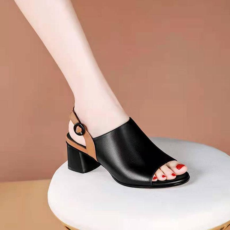 Fashion Fish Mouth Sandals Summer All-match One-word Buckle Women's Shoes Mid-heel Thick Heel Back Empty Roman Shoes