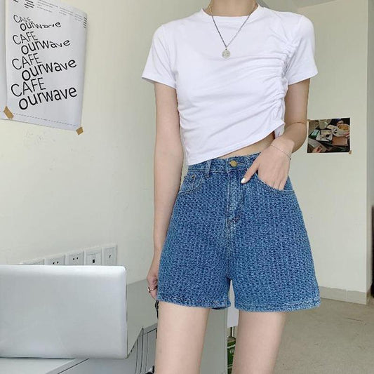 A-line Denim Shorts Women's Summer High Waist All-match Loose Korean Style Thin Casual Student Shorts