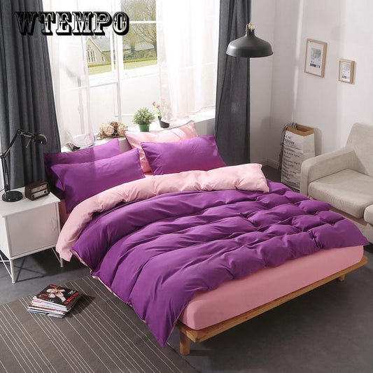 Solid Color Bedding Set Super King Duvet Cover 4pcs Plaid AB Side Bedclothes Soft Pillowcases