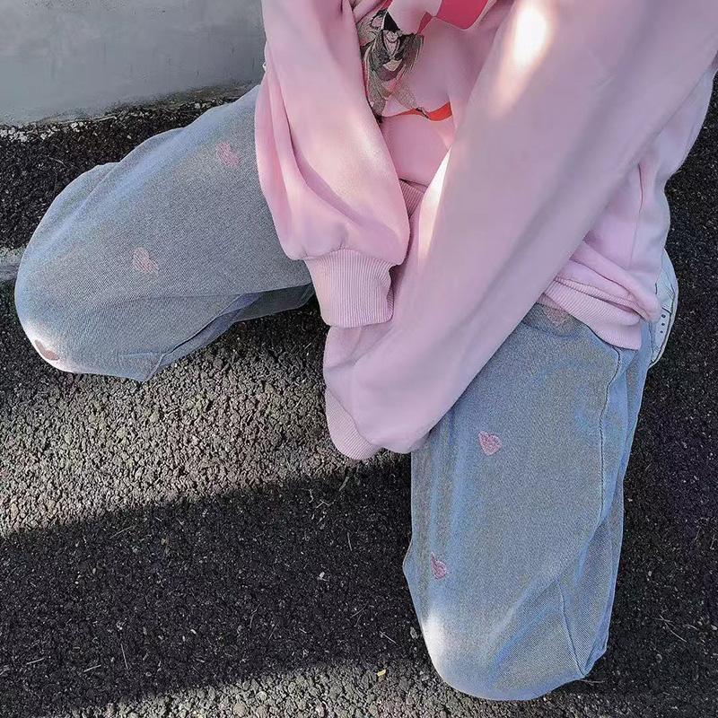 WTEMPO Pink Heart Printed Jeans Women's High Waist Loose Casual Jeans Straight Super Long Wide Leg Jeans