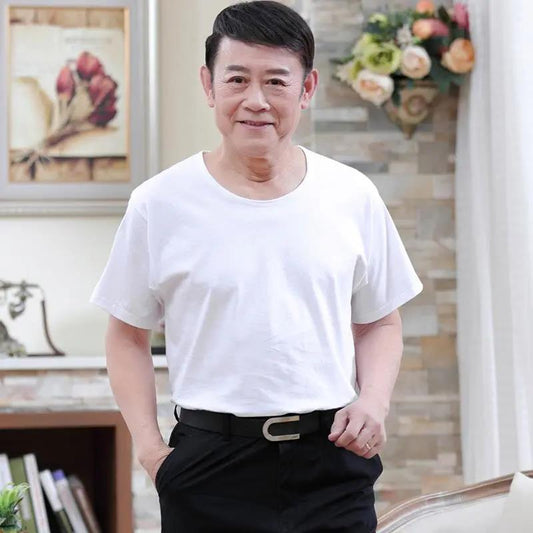 Dad Summer Middle-aged and Elderly Pure Cotton Short-sleeved T-shirt Male Grandpa White Sweatshirt Old Man Clothes Summer Half-sleeved T-shirt