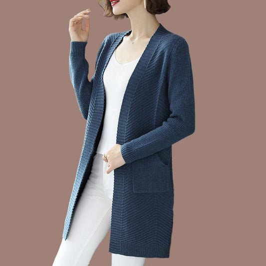 Autumn and Winter Wool Cardigan Sweater Large Size Medium and Long Loose Jacket Pure Color Simple Middle-aged Ladies Jacket