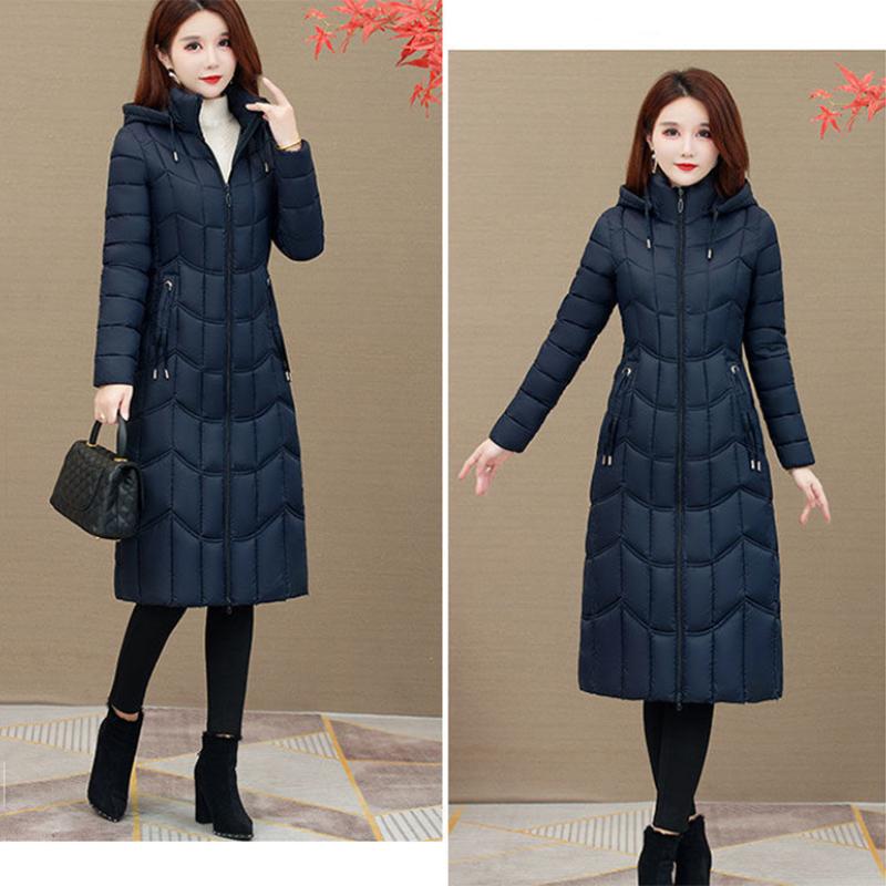 Women's Solid Color Long Down Jacket Quilted Coat Women's Winter Padded Down Jacket Hooded Down Jacket with Warm Stand-up Collar