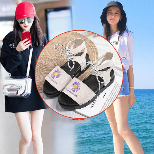Net Red Daisy Sandals Korean Style All-match Summer Shoes for Students New Lace-up Roman Women's Shoes