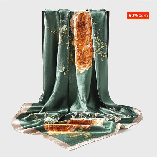 Scarf Women Elegant Square Silk Imitation Satin Flower Scarf Wrap Shawl Sunscreen Gauze Shawl All-match Headscarf