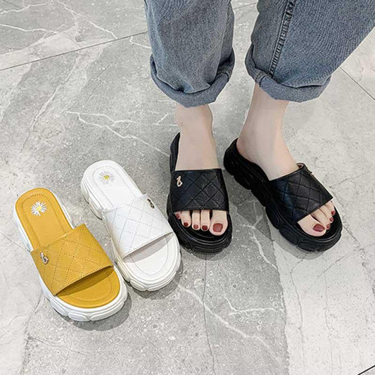 Size35-40 Summer Women Leather Slippers Bohemian Beach Waterproof Slippers Wedge Platform Crystal Letter Sandals Outdoor High Heels