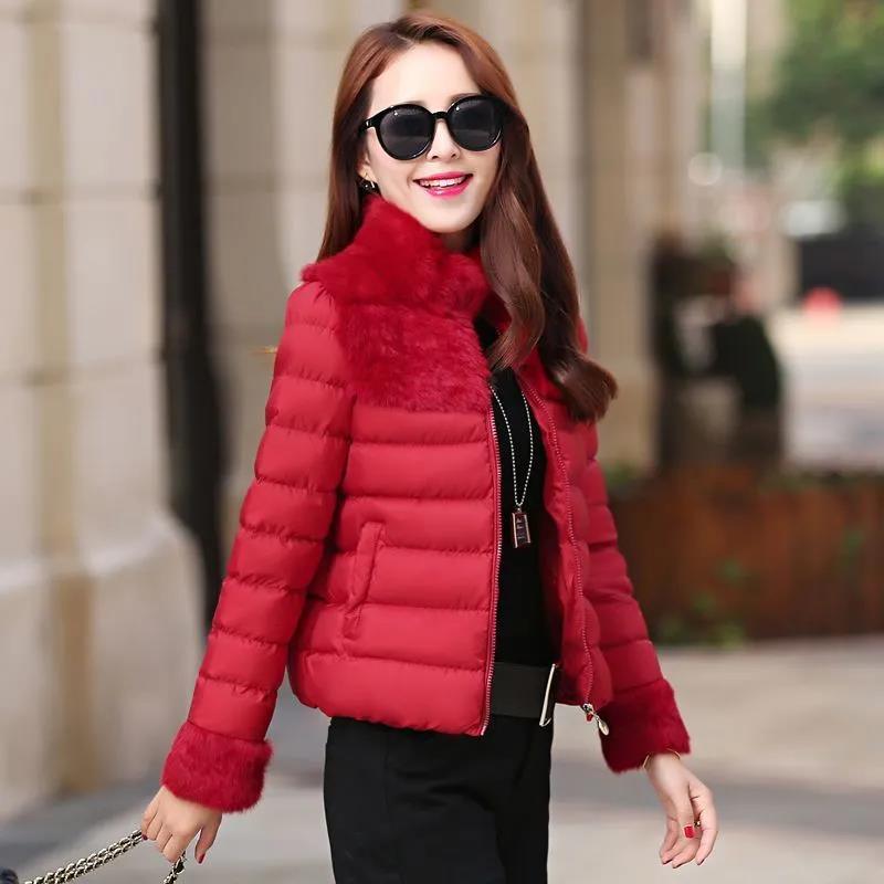 Winter Down Jacket Fashion Rabbit Fur Stitching All-match Cotton Jacket Ladies Short Stand-up Collar Warm Down Jacket