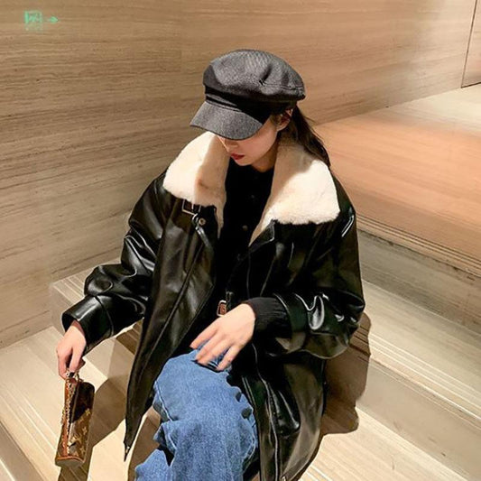 Autumn and Winter Leather Jacket Retro Loose Motorcycle Jacket Plus Velvet Thickening Mid-length Women's Leather Jacket