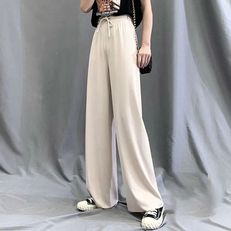 Women's Summer Ice Silk Wide Leg Pants Loose and Thin Drape Thin Pants Straight Casual Pants Mopping Trousers Jogging Pants