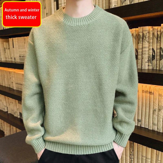 Autumn/winter Sweater Men's Plus Velvet Thick Warm Knit Sweater Round Neck Fashion Pullover Sweater Suitable for Teenagers