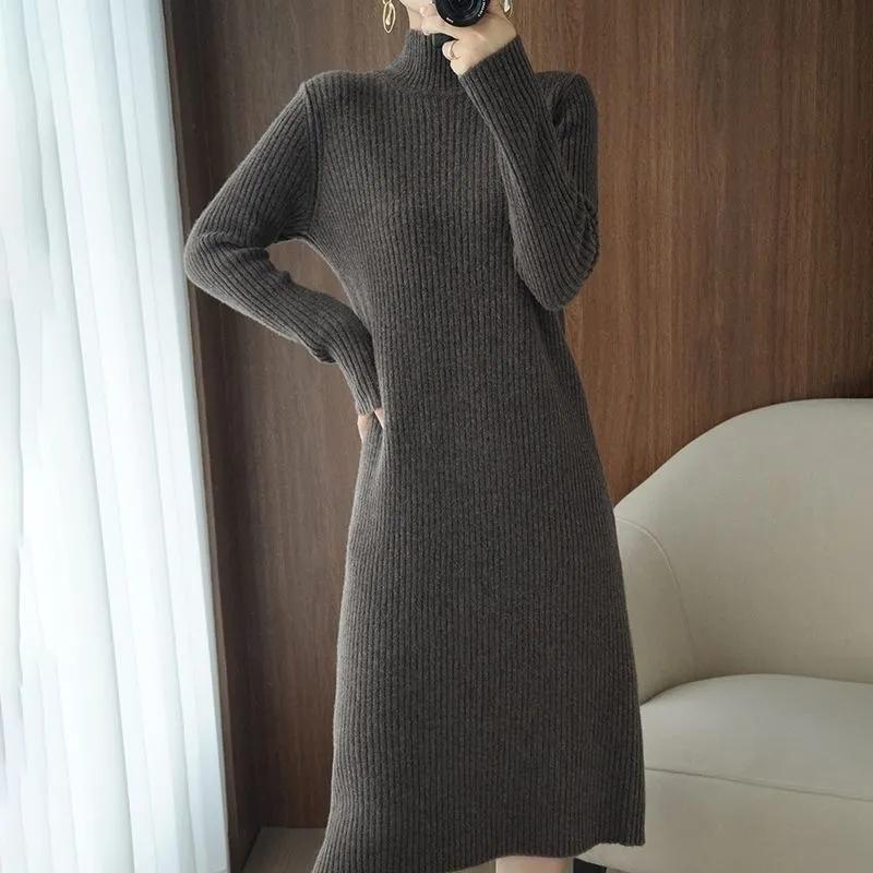 Sweater Dress Women's Half Turtleneck Pullover Knitwear Mid-length Over The Knee Loose Top Trending Sweater Dress Autumn Winter