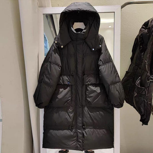 Women's Mid-length Down Jacket Over The Knee Korean Style Loose Thick Hooded Waist Waist Wild White Duck Down Jacket