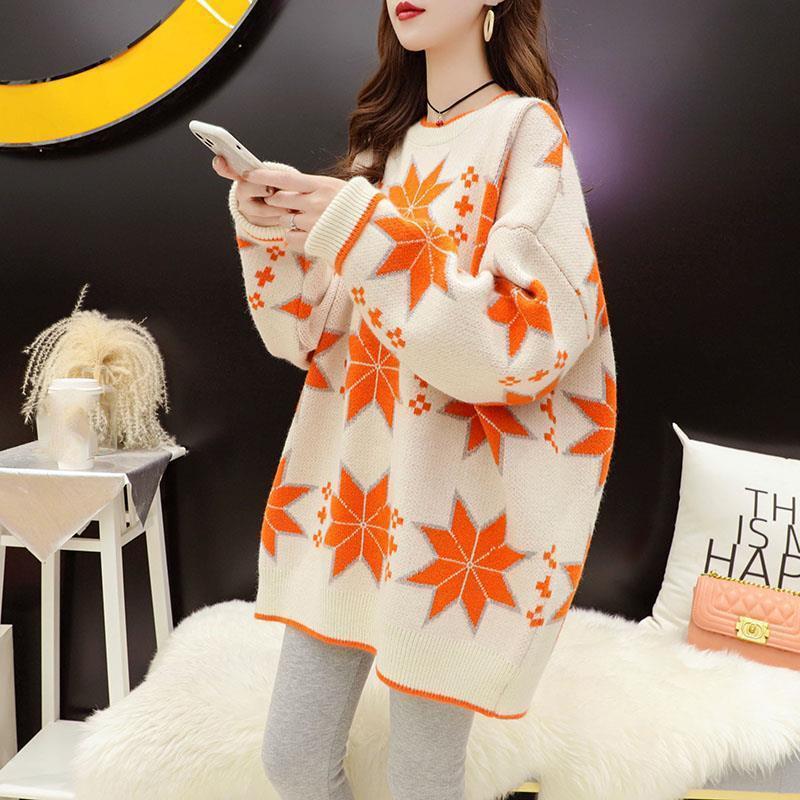 Autumn Winter Women Fashion Sweater Casual Knitting Sweater Mid-length Round Neck Pullovers Loose Casual Long Sleeve Sweater
