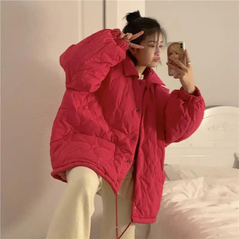 Korean Version of Loose All-match Blouse for Female Students In Long Rhombic Cotton Jacket Plus Size Women's Clothing