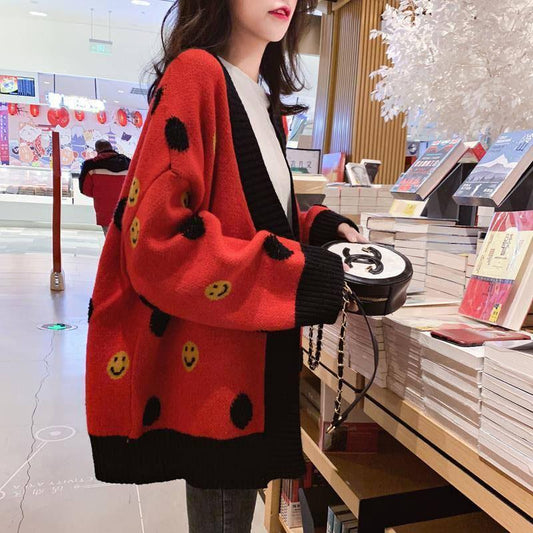 Cardigan Women V-Neck Sweater Smiley Face Cardigan Women Long Sleeve Loose Versatile Sweater Jacket