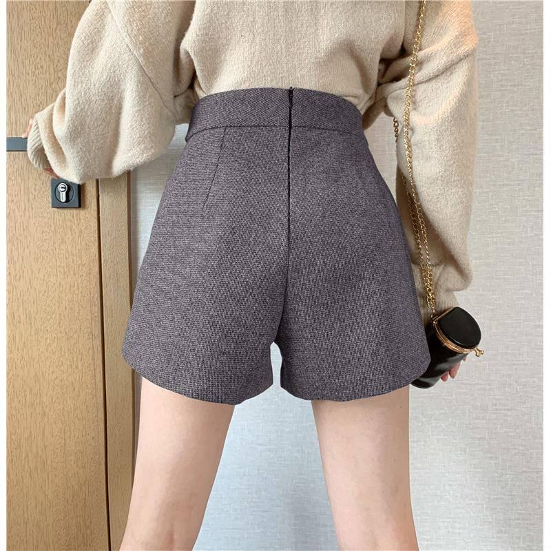 Wool Shorts Women High Waist Plaid Wide Leg Shorts Casual Loose Boots Shorts