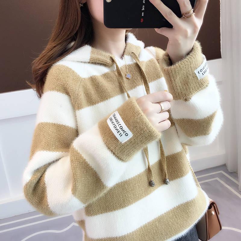 Autumn Winter Thick Color-blocking Striped Pullover Sweater Women Imitation Mink Sweater Women Mohair Hooded Sweater Outwear