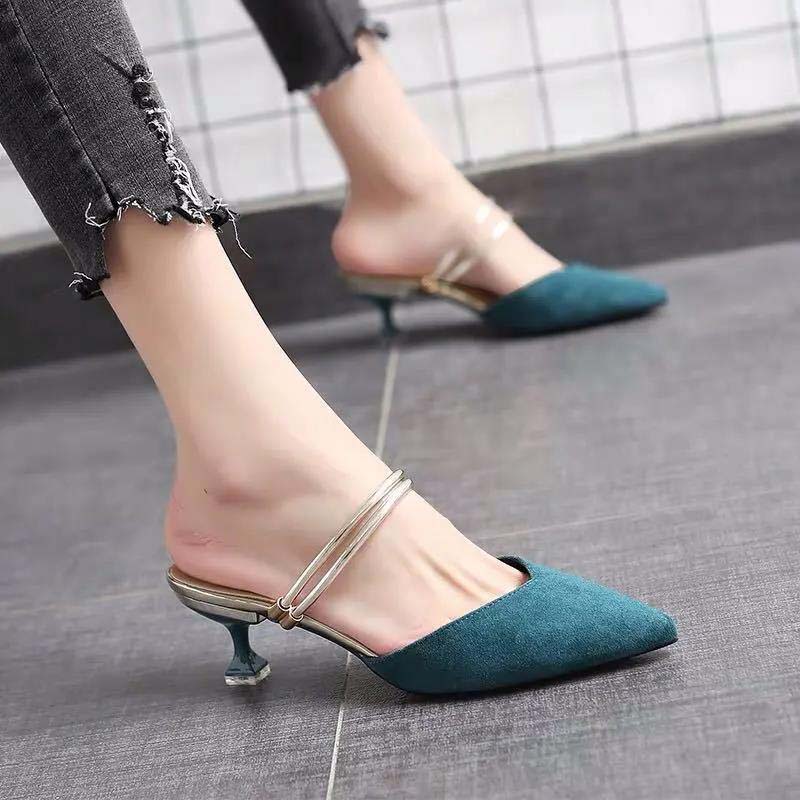 Summer High Heels Female Pointed Toe Stiletto Heel Wild Mid-heel Black Cat Heel Sandals and Slippers Women