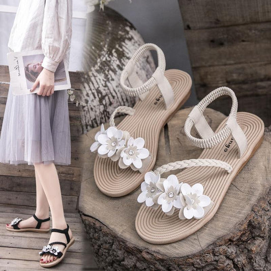 35-43 Large Size Fairy Shoes Flat-bottomed Gentle Flower Sandals Fashion Set Toe Slip-toe Beach Shoes