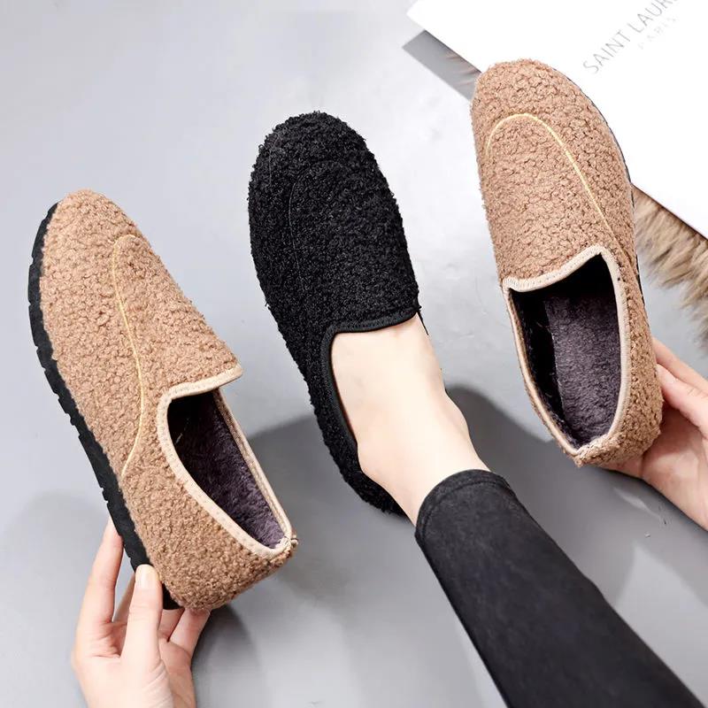 Women Autumn and Winter Versatile Soft Sole Cotton Shoes Solid Color Round Head Flat Wool Doudou Shoes